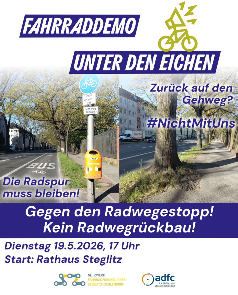 Zwei Fotos nebeneinander zeigen die kombinierte Rad- und Busspur und den alten, unbrauchbaren Hochbordradweg. Darunter steht der Text "Gegen den Radwegestopp! Kein Radwegrückbau!" sowie der Deomaufruf für Dienstag 19. Mai um 17 Uhr ab Rathaus Steglitz.